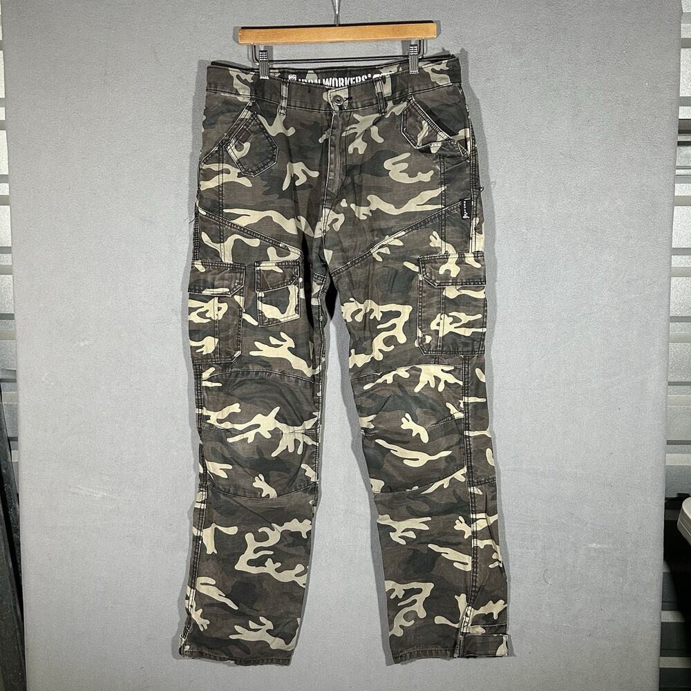 Iron Workers Pants Mens 36x32 Gray Camo Kevlar Reinforced Cargo Lined